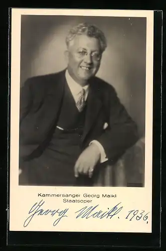 AK Kammersänger der Staatsoper Georg Maikl in Anzug und Krawatte, original Autograph