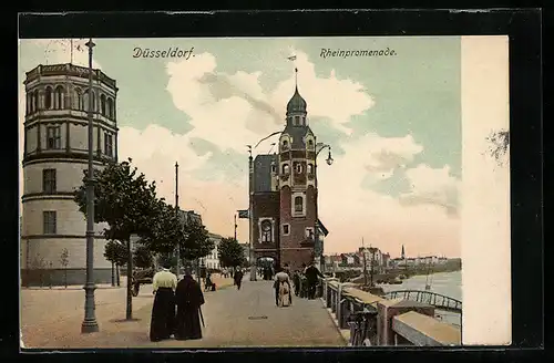 AK Düsseldorf, Rheinpromenade mit Spaziergängerinnen