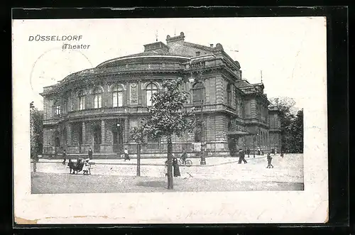 AK Düsseldorf, Theater mit Passanten und Radfahrer