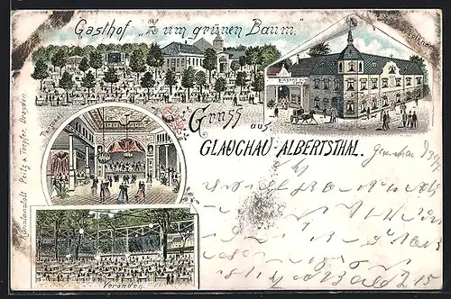 Lithographie Glauchau-Albertsthal, Gasthof Zum grünen Baum, Inneres Tanzsaal, Veranden