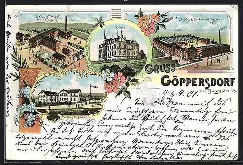 Lithographie Göppersdorf / Burgstädt, Jahn & Hempel Handschuhfabrik, F. A. Köbke & Co. Strumpf-Waren-Fabrik