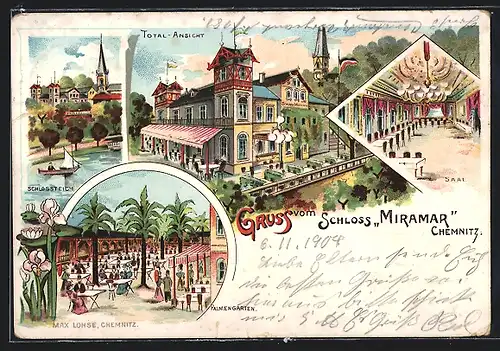 Lithographie Chemnitz, Schloss Miramar, Inneres Saal, Palmengarten