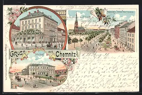 Lithographie Chemnitz, Hotel Herrmann, Aussicht auf die Kirche, Bahnhof