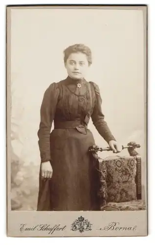 Fotografie Emil Schuffert, Borna, Junge Dame im taillierten dunklen Kleid mit Stern-Brosche