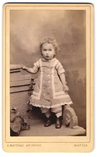 Fotografie Alex. Matthaey, Bautzen, vis-à-vis dem Theater, Kleines Mädchen mit Locken in einem Kleid mit Spitze