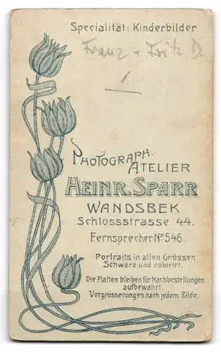 Fotografie Heinr. Sparr, Wandsbek, Schlossstr. 44, Zwei jungen in modischer Kleidung