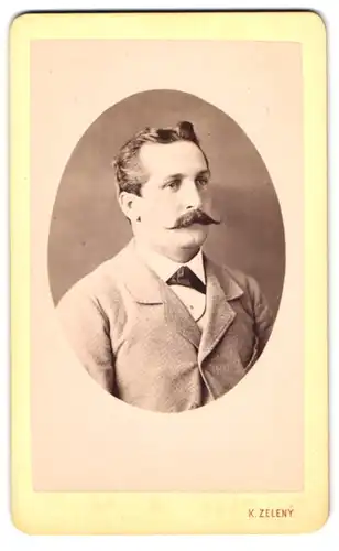 Fotografie K. Zelený, Josefstadt, Bürgerlicher Herr im grauen Anzug mit markantem Schnurrbart und Mittelscheitel