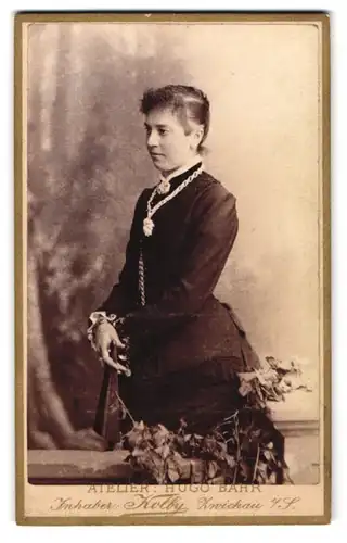 Fotografie Hugo Bahr, Zwickau i. S., Kaiser Wilhelm Platz 31, Bürgerliche Dame im taillierten Kleid mit einer Halskette