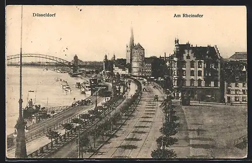AK Düsseldorf, Rheinufer mit Dampfer aus der Vogelschau