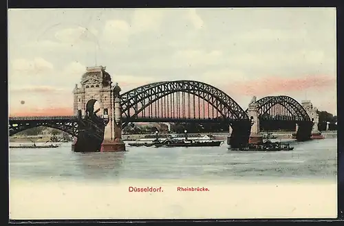 AK Düsseldorf, Rheinbrücke mit Dampfern
