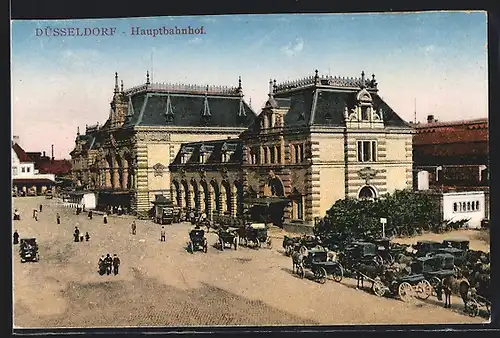 AK Düsseldorf, Kutschen vor dem Hauptbahnhof