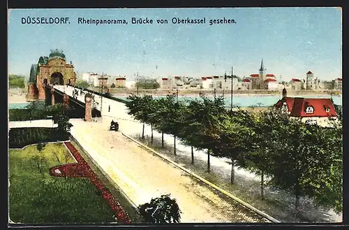 AK Düsseldorf, Rheinpanorama, Brücke von Oberkassel gesehen