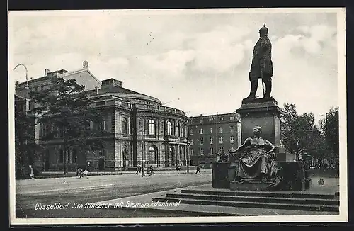 AK Düsseldorf, Stadttheater mit Bismarckdenkmal