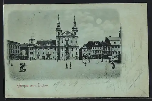 Mondschein-AK Iglau, Strassenpartie mit Passanten