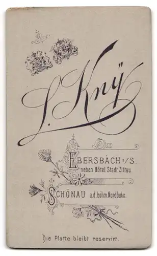Fotografie L. Kny, Ebersbach i. S., Bürgerliche Dame im schwarzen Kleid mit Puffärmeln mit adrett frisiertem Haar