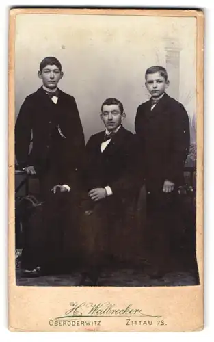 Fotografie H. Walbrecker, Zittau, Theodor Körner Allee, Junge Brüder in schwarzen Anzügen mit Fliegen und Segelohren