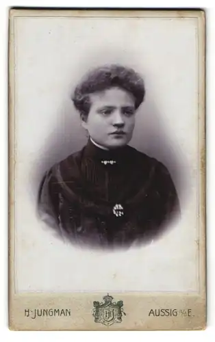 Fotografie H. Jungman, Aussig, Kaiser Josefsplatz 13, Junge Dame im schwarzen Kleid mit gelockter Hochsteckfrisur