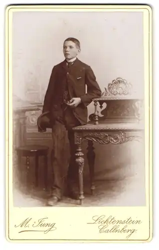 Fotografie M. Jung, Lichtenstein, Schulgasse 175, Junger Bursche im schwarzen Anzug mit Hut und überraschtem Blick