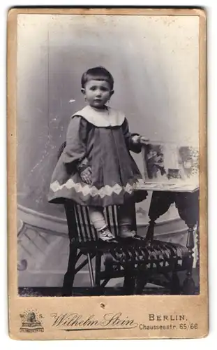 Fotografie Wilhelm Stein, Berlin, Chausseestr. 65, Süsses kleines Kind im dunklen Kleid mit Pottschnitt und Bilderbuch
