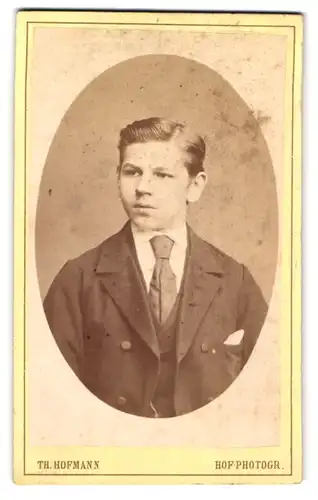 Fotografie Th. Hofmann, Pirna, Jugendlicher Knabe mit adrettem Seitenscheitel und Krawatte im Anzug