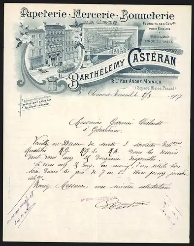 Rechnung Clermont-Ferrand 1907, Barthélemy Castéran Papeterie, Mercerie, Bonneterie en gros, Ladenansichten
