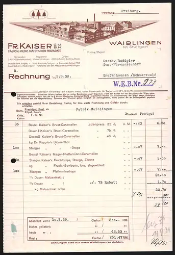 Rechnung Waiblingen /Stuttgart 1939, Fr. Kaiser GmbH Fabrik Medic. Diätetischer Präparate, Werkansicht