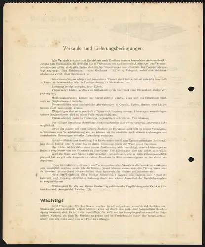 Rechnung Zwickau i. Sa. 1933, Lieder & Fischer Weberei für Gardinen und Dekorationsstoffe, Werkansicht