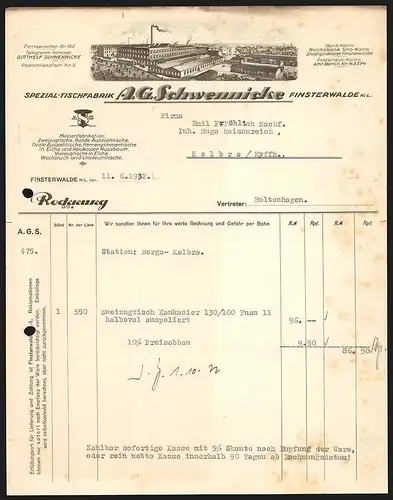 Rechnung Finsterwalde /N.-L. 1932, A. G. Schwennicke Spezial-Tischfabrik, Werkansicht