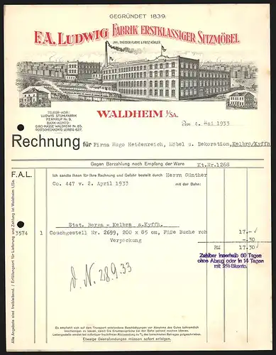 Rechnung Waldheim i. Sa. 1933, F. A. Ludwig Fabrik Erstklassiger Sitzmöbel, Werkansicht mit Lokomotive