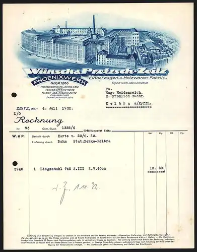 Rechnung Zeitz 1932, Wünsch & Pretzsch Phoenixwerk, Kinderwagen- u. Holzwaren-Fabrik, Werkansicht