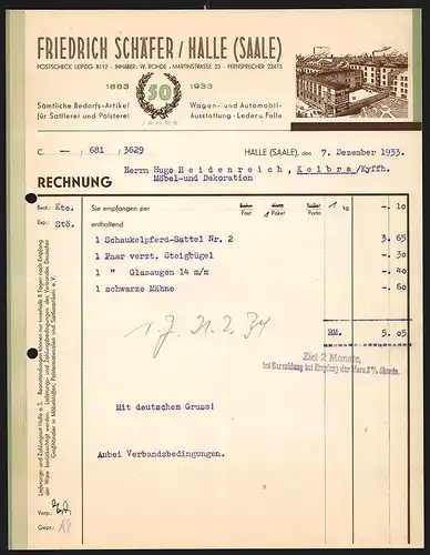 Rechnung Halle (Saale) 1933, Friedrich Schäfer Bedarfs-Artikel für Sattlerei und Polsterei, Leder und Felle, Werkansicht