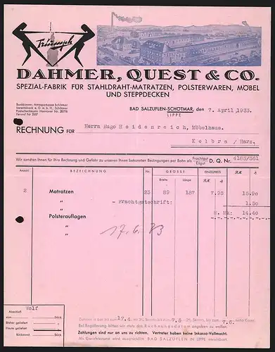 Rechnung Bad Salzuflen-Schötmar 1933, Dahmer, Quest & Co. Spezialfabrik für Matratzen, Möbel und Decken, Werkansicht