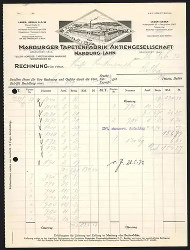 Rechnung Marburg-Lahn 1932, Marburger Tapetenfabrik Aktiengesellschaft, Werkansicht