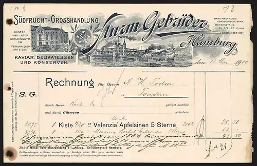 Rechnung Hamburg 1900, Südfrucht-Grosshandlung Sturm Gebrüder, Ladenansicht und Hafen
