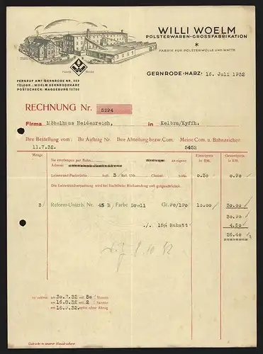 Rechnung Gernrode (Harz) 1932, Willi Woelm Polsterwaren-Grossfabrikation, Werkansicht