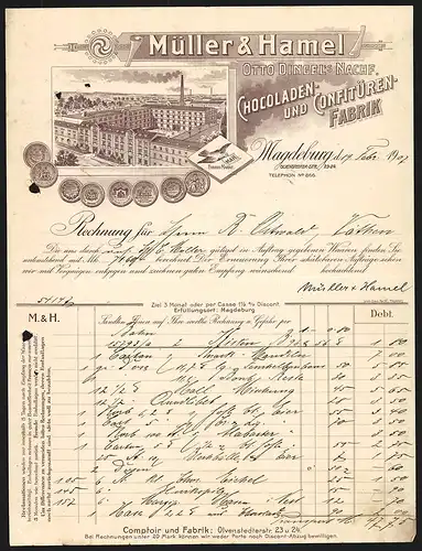 Rechnung Magdeburg 1907, Müller & Hamel Chocoladen- und Confitüren-Fabrik, Werkansicht und Auszeichnungen