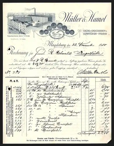 Rechnung Magdeburg 1910, Müller & Hamel Cacao-, Chocoladen- und Confitüren-Fabrik, Werkansicht und Auszeichnungen