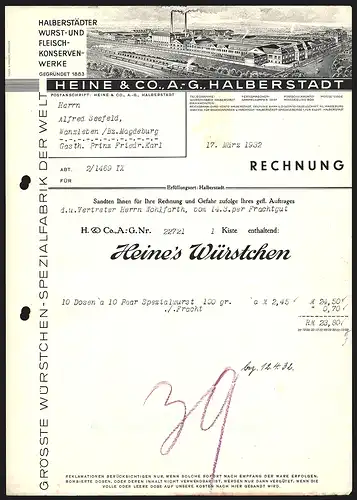 Rechnung Halberstadt 1932, Heine & Co. AG, Wurst- und Fleischkonserven-Werke, Werkansicht