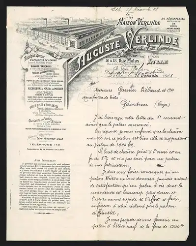 Rechnung Lille 1908, Auguste Verlinde Fabrique Spéciale d`Appareils de Levage, Werkansicht