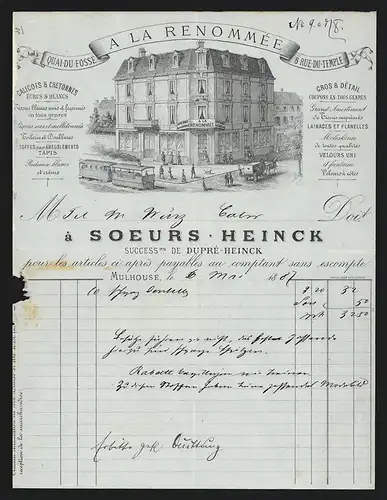 Rechnung Mulhouse 1887, Soeurs Heinck Calicots & Cretonnes, Écrus & Blancs, 8 Rue du Temple, Ladenansicht