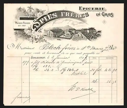 Rechnung Schlestadt 1897, Spies Frères Epicerie en Gros, Ladenansicht mit Postamt und Hotel