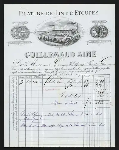 Rechnung Seclin 1889, Guillemaud Ainé Filature de Lin & d`Étoupes, Werkansicht und Auszeichnungen