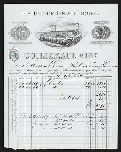 Rechnung Seclin 1889, Guillemaud Ainé Filature de Lin & d`Étoupes, Werkansicht und Auszeichnungen