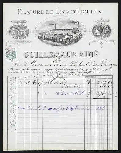 Rechnung Seclin 1890, Guillemaud Ainé Filature de Lin & d`Étoupes, Werkansicht und Auszeichnungen
