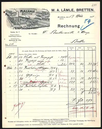 Rechnung Bretten 1917, M. A. Lämle, Werkansicht und Lagerhäuser