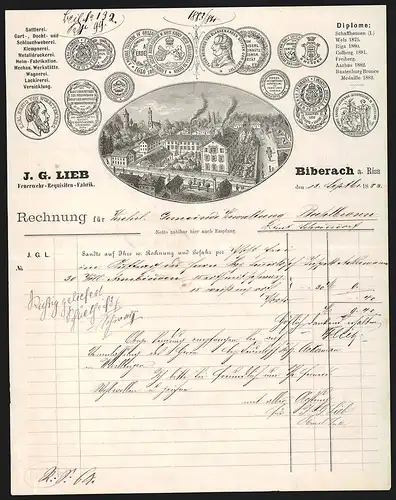 Rechnung Biberach a. Riss 1883, J. G. Lieb Feuerwehr-Requisiten-Fabrik, Werkansicht und Auszeichnungen