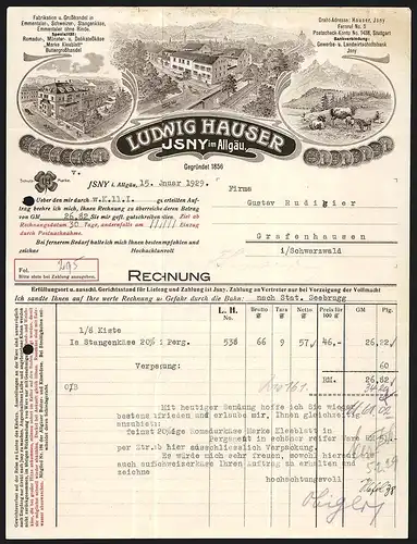 Rechnung Isny i. Allgäu 1929, Ludwig Hauser Käsefabrikation und -grosshandel, Buttergrosshandel, Werkansicht und Nutztiere