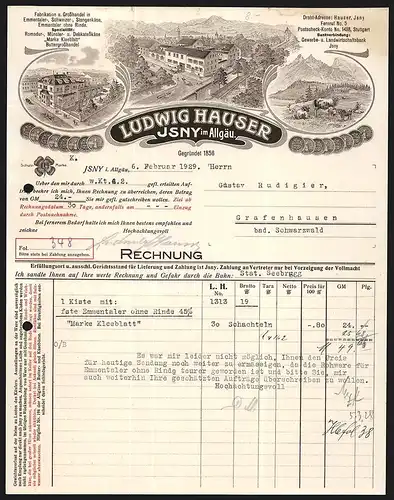 Rechnung Isny i. Allgäu 1929, Ludwig Hauser Käsefabrikation und -grosshandel, Buttergrosshandel, Werkansicht und Nutztiere