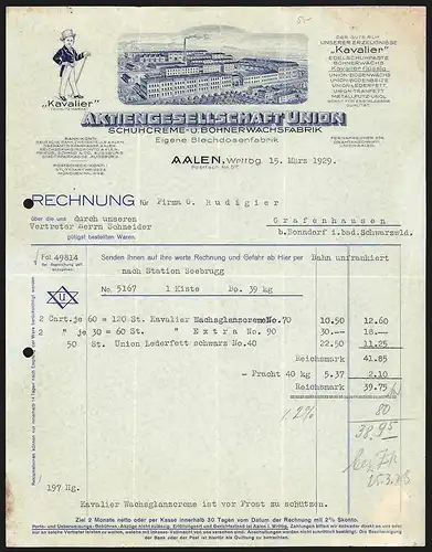 Rechnung Aalen /Wrttbg. 1929, Aktiengesellschaft Union Schuhcreme- und Bohnerwachsfabrik, Werkansicht