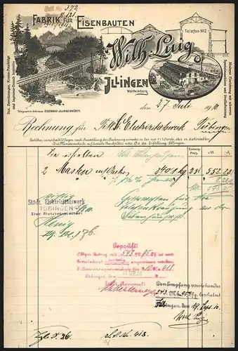 Rechnung Illingen /Württemberg 1910, Wilh. Luig Fabrik für Eisenbauten, Werkansicht und Eisenbahnbrücke
